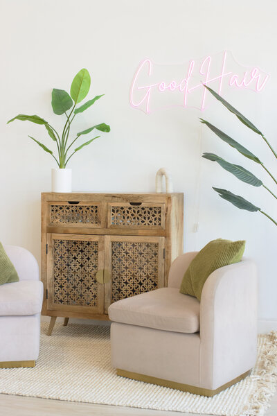 Interior shot of hair salon waiting area for clients in Southwest Florida