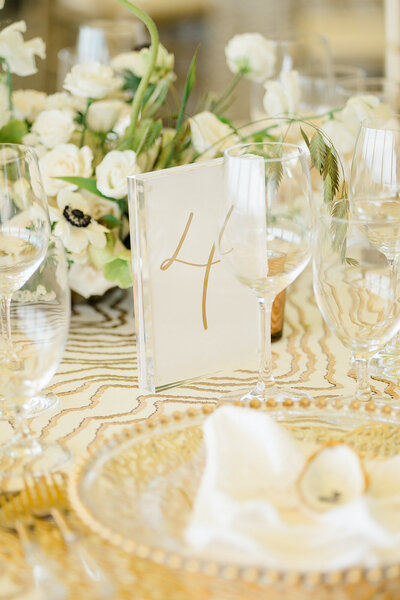 Handmade paper  with gold table number in floating glass frame for Connecticut wedding