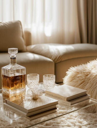 Bottle of aged whiskey and crystal tumblers sitting on coffee table books