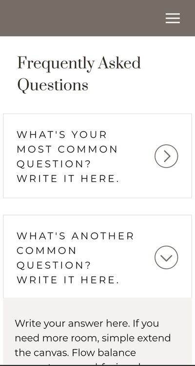 Screen shot showing an accordian-style FAQ menu for Showit websites.