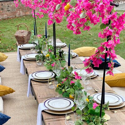 Royal blues, lemon yellows and pink for luxury picnics, dinner parties and micro weddings in Berkshire