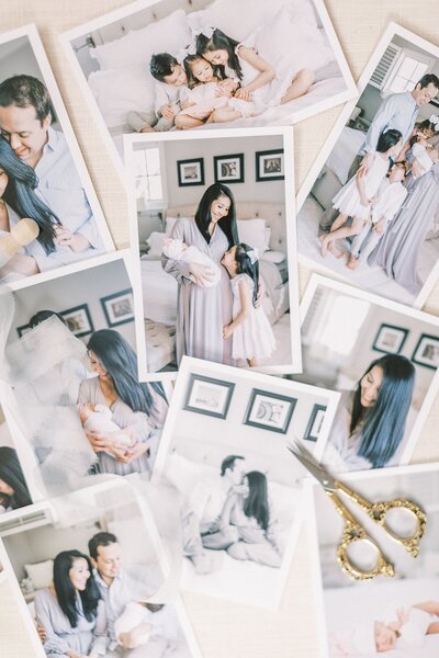 Photographs scattered on the floor with gold antique scissors and ribbon