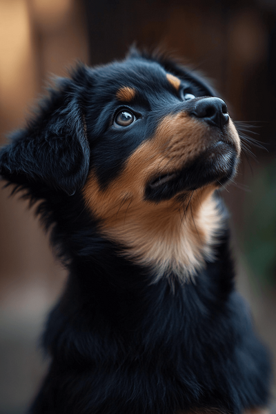 cute black and tan puppy looking up