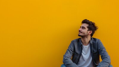 muž sedí s rukama opřenými v klíně, za ním je sytě žluté pozadí