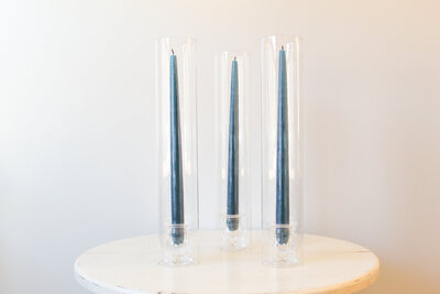 TE Inventory-Short Clear Glass Traditional Taper Candle Bases with Candle and Glass Hurricanes104