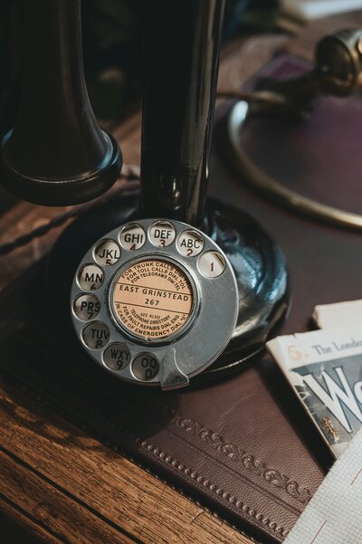 ol fashioned candlestick phone on a desk