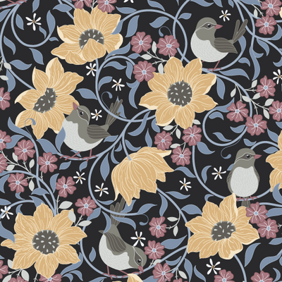 Wangi birds and yellow flowers floral surface design