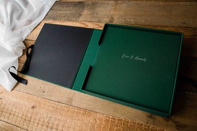 Queensberry album printed in green linen by michelle kelly photography