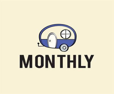 Illustration of a small trailer with a circular window and door on a beige background. The trailer, perfect for Mayo Florida camping, is blue and black with a single wheel and hitch. The word "MONTHLY" is written in bold black letters beneath the trailer.