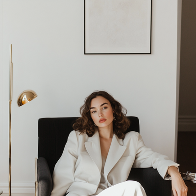 Confident female business coach in a white blazer, seated in a minimalist studio chair—perfect for a modern brand photography website or Showit template for coaches.
