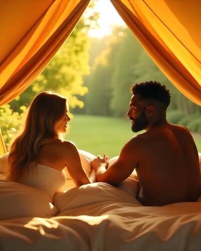 A couple enjoying a private luxury glamping tent experience, complete with champagne and secluded wilderness views as part of a curated romantic adventure.