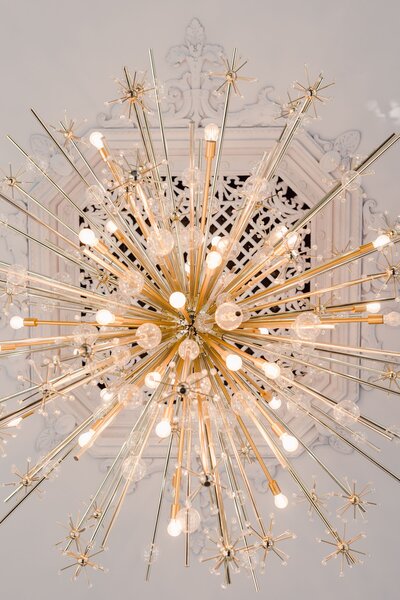 Ballroom starburst style chandelier from below