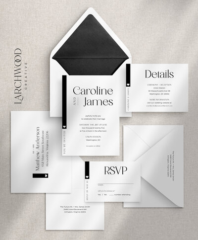 The 5-piece semi-custom wedding invitations suite, The Blythe, a green and tan garden inspired suite with a handwritten script font and wavy border.