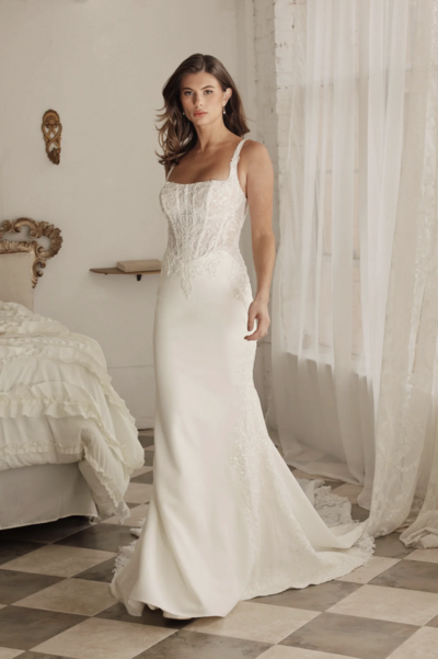 Chic Column Spaghetti Strap Wedding Dress with Sheer Corset Bodice and Lace Train