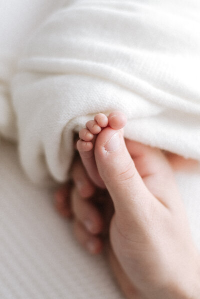 Close up of dads thumb on babies foot at a photoshoot in billingshurst