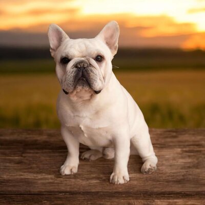 Cream colored french bulldog sire posing for the camera