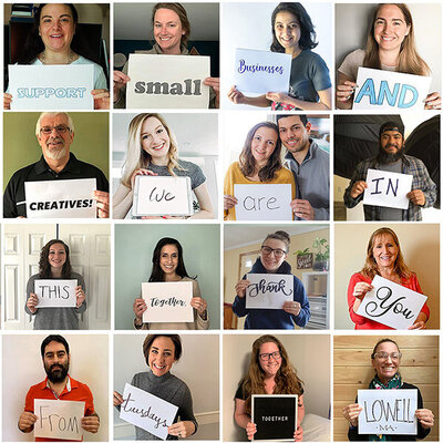A grid of Rising Tide members holding signs saying creatives we are in this together , thank you from Rising Tide Lowell