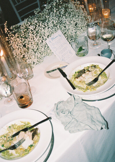 a wedding table photographed with direct flash and 35mm film.