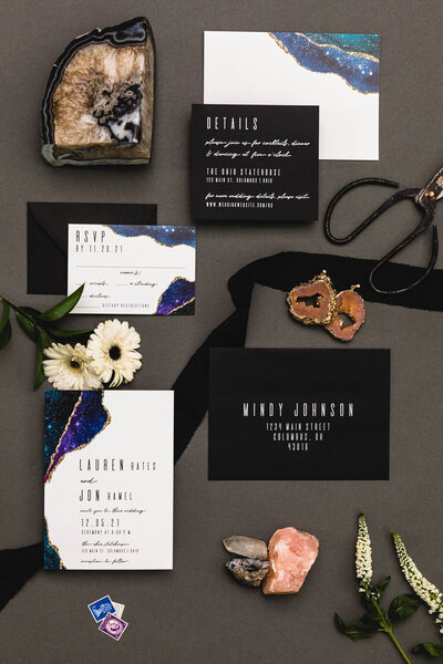 geode and gem stone wedding invitation design