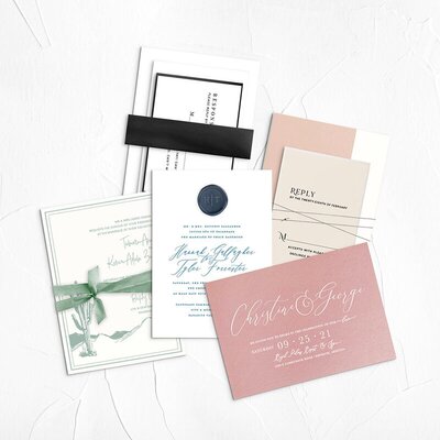 Mock-up of semi-custom wedding invitations ready for client review