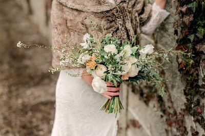 bridal bouquet, winter wedding inspiration, white roses, lace wedding dress, fur coat for bride, moody winter wedding
