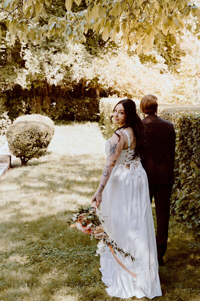 bride looking back
