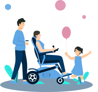 Man walks beside woman in electric wheelchair and child with a balloon. 