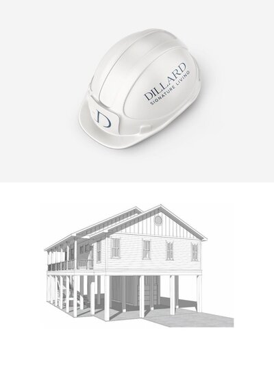 Custom branded Dillard Signature Living hard hat with serif logo and favicon paired with a 3D architectural rendering of a raised beach home.