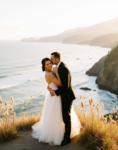 Couple holding hands at romantic wedding venue