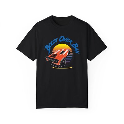 Black comfort t-shirt branded for the Boost Over Ball Rocket League Podcast