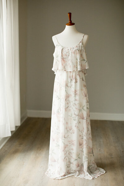 Strapless dress with soft pink & cream florals