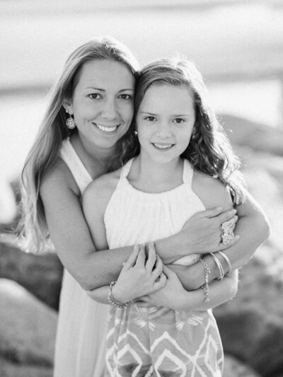 black and white mother and daughter beach photo By Carrie Pellerin