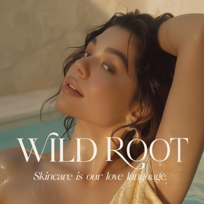 Tight portrait of a woman reclining, head tilted back slightly, glowing skin and wet hair framing her face, with elegant ‘Wild Root’ logo and tagline ‘Skincare is our love language.’ overlaid in white