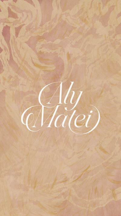 Aly Matei white logo on top of a gold and pink textured background