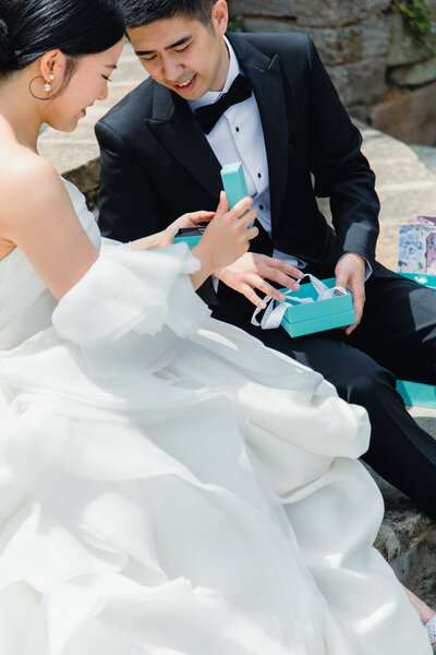 Bride and groom walk up memorial steps at their DC wedding