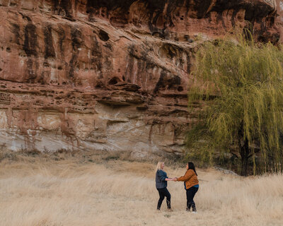 Lesbian couple enjoying their recent engagement in Colorado