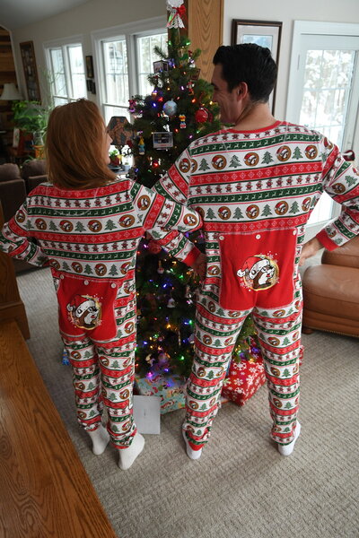 couple in matching Christmas pajamas