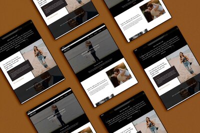 website mockup pages in a grid on a brown background