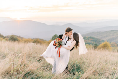 Golden Hour Elopement Photos of Bride and Groom at Max Patch in North Carolina