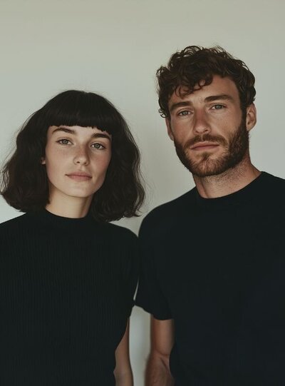 Couple standing side by side with calm, serious expressions, symbolizing the ongoing journey of healing and emotional recovery discussed in the “Does Infidelity Pain Ever Go Away?” episode of the Relationships Uncomplicated Podcast with Idit Sharoni, LMFT.