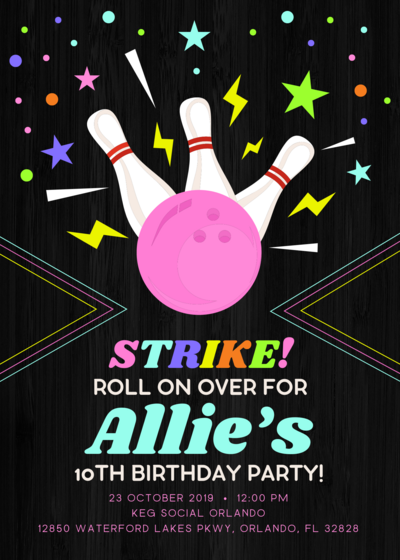 Colorful bowling-themed birthday invitation featuring a bright pink bowling ball, pins, and neon accents, inviting guests to celebrate Allie’s 10th birthday party at Keg Social Orlando.