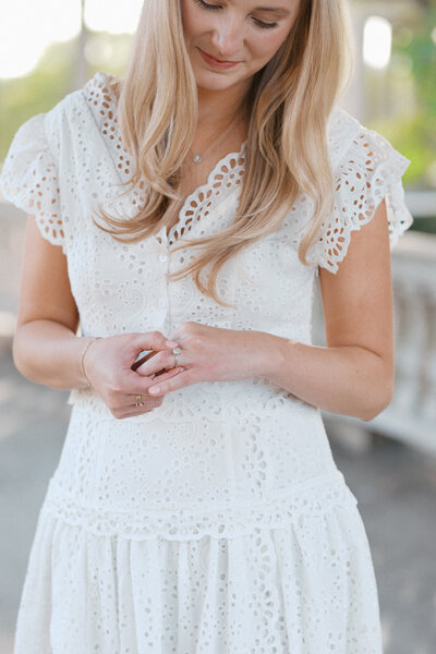 black and white detail bridal portrait of bride wearing Amsale gown