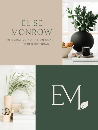 Visual presentation of Elise Monrow’s brand identity with neutral lifestyle imagery, showcasing organic textures, modern kitchen styling, and the brand’s calming green and taupe color story.