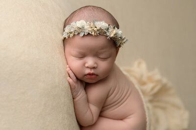 baby girl sleeping wearing a yellow flower crown