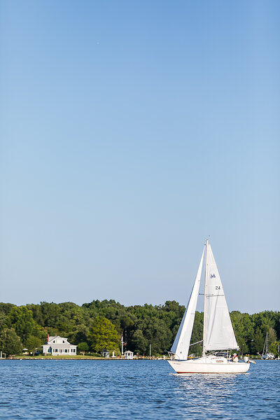 Sailboat on blue water with trees and a blue sky in the background