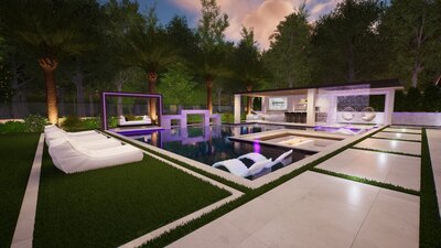Backyard oasis featuring a custom water feature with fire elements and LED lights.