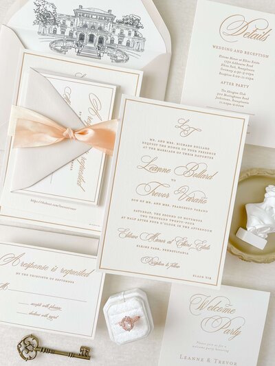Classic white and gold letterpress wedding invitation suite for an Elkins Estate wedding