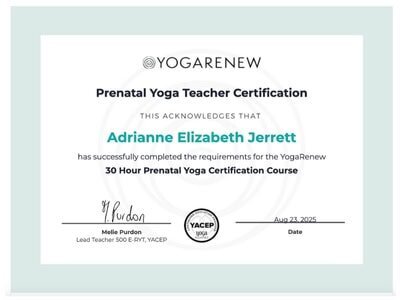 20 Hour Prenatal Yoga Certificate from YogaRenew for Adrianne Jerrett