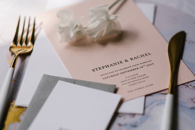 Luxury wedding invitation with pink and white classic minimalist contemporary design