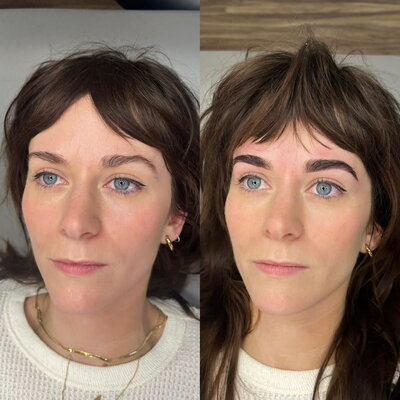 woman with blue eyes and bangs with brow tint